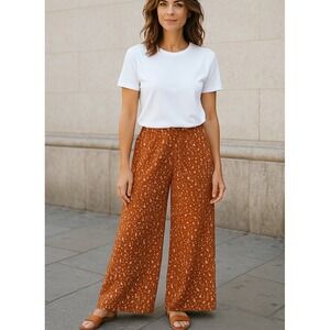 Crescent Women's Pants Orange Size M High Waist Wide Leg Lined Pocket Zip Floral